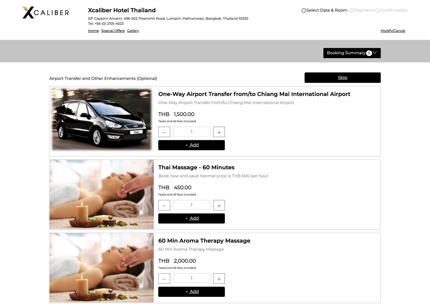Step two: the enhancements page offering a one-way airport transfer, a 60-minute Thai massage and an aroma therapy massage, each with its own price and Add button