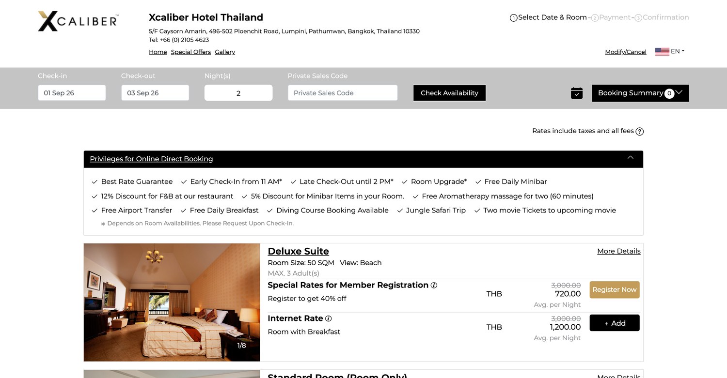 The Xcaliber booking engine showing direct-booking privileges, member rates and a private sales code field